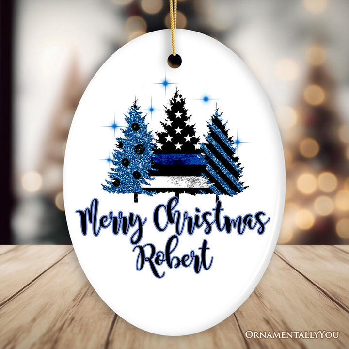 Personalized Police Officer Back The Blue Merry Christmas Trees Ornament, Retirement Gift Ceramic Ornament OrnamentallyYou Oval