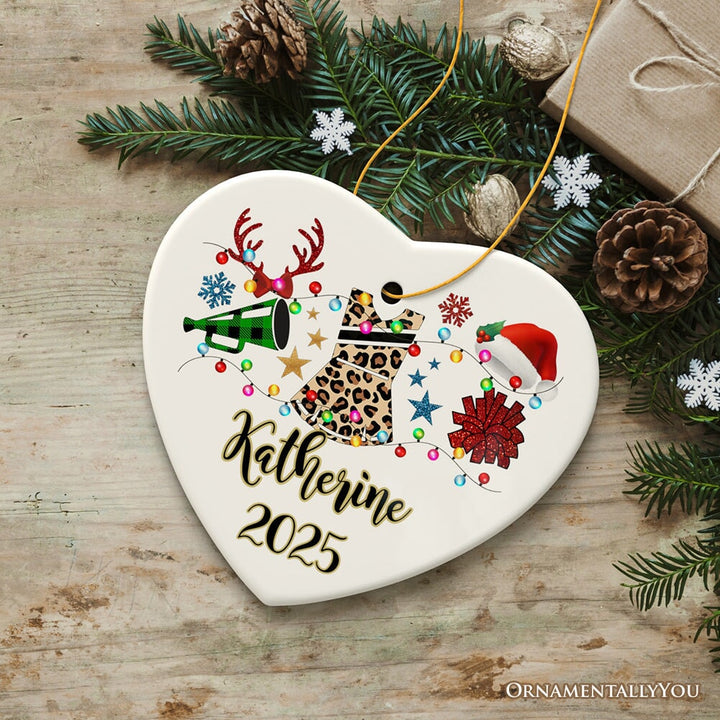 Personalized Cheerleader Buffalo Plaid Leopard Merry Christmas Ornament, Cheer Mom Gift Ceramic Ornament OrnamentallyYou