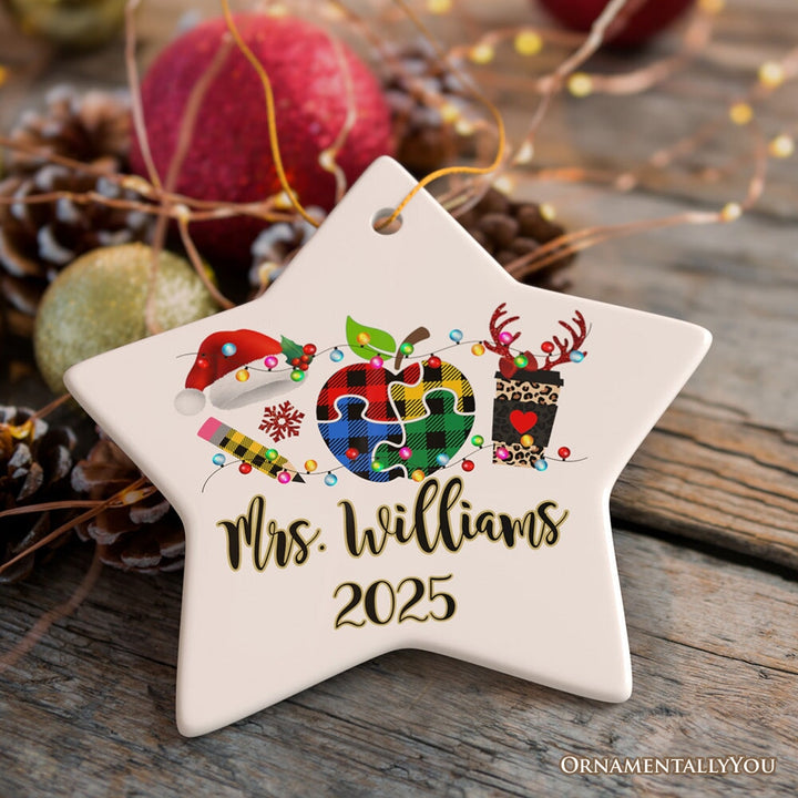 Personalized Autism Teacher Buffalo Plaid Leopard Merry Christmas Ornament, Thank You Gift Ceramic Ornament OrnamentallyYou