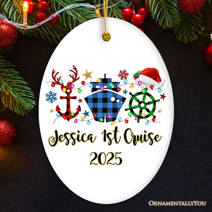 Personalized Cruise Vacation Buffalo Plaid Leopard Merry Christmas Ornament Gift Ceramic Ornament OrnamentallyYou Oval