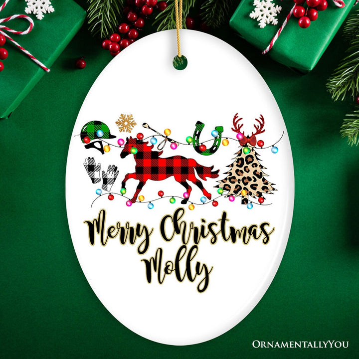 Personalized Horse Buffalo Plaid Leopard Merry Christmas Ornament, Equestrian Gift Ceramic Ornament OrnamentallyYou Oval