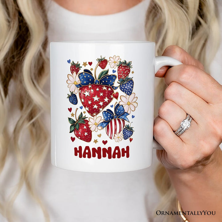 Patriotic Boho Strawberries Bouquet Personalized Mug, 4th of July Gift with Custom Name Personalized Ceramic Mug OrnamentallyYou