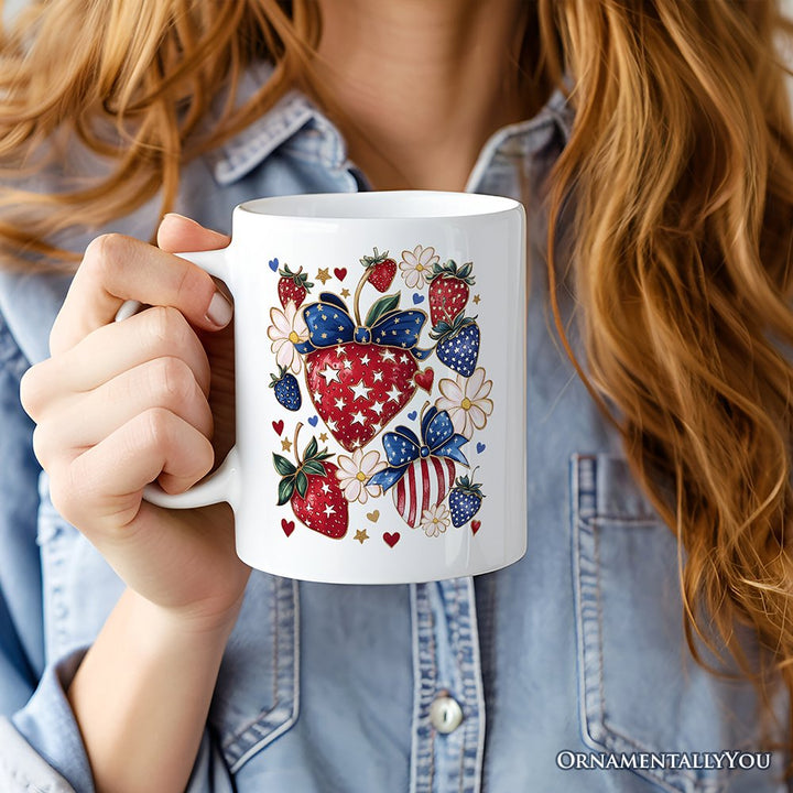 Patriotic Boho Strawberries Bouquet Personalized Mug, 4th of July Gift with Custom Name Personalized Ceramic Mug OrnamentallyYou