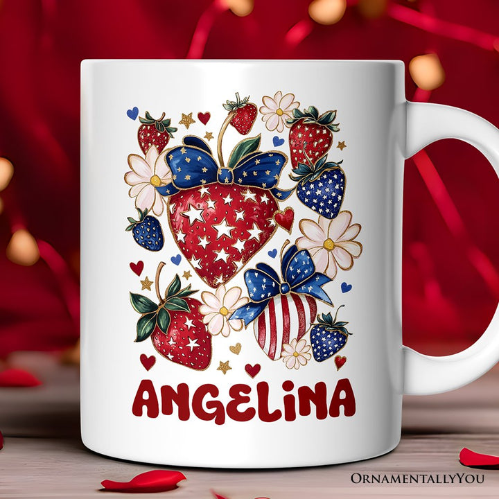 Patriotic Boho Strawberries Bouquet Personalized Mug, 4th of July Gift with Custom Name Personalized Ceramic Mug OrnamentallyYou Customized