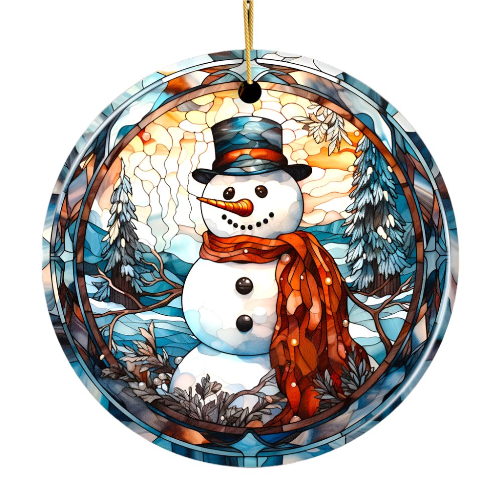 Elegant Snowman Stained Glass Themed Ceramic Christmas Ornament Ceramic Ornament OrnamentallyYou Circle