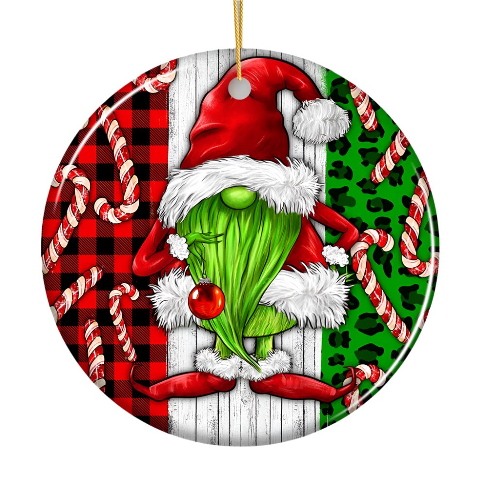 Green Christmas Gnome Festive Holiday Ceramic Ornament, Candy Cane and Plaid Ceramic Ornament OrnamentallyYou