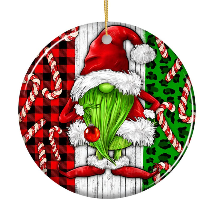Green Christmas Gnome Festive Holiday Ceramic Ornament, Candy Cane and Plaid Ceramic Ornament OrnamentallyYou