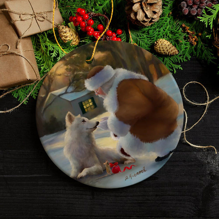 It's Almost Christmas Santa Wolf and Curious Mouse Ornament Ceramic Ornament OrnamentallyYou