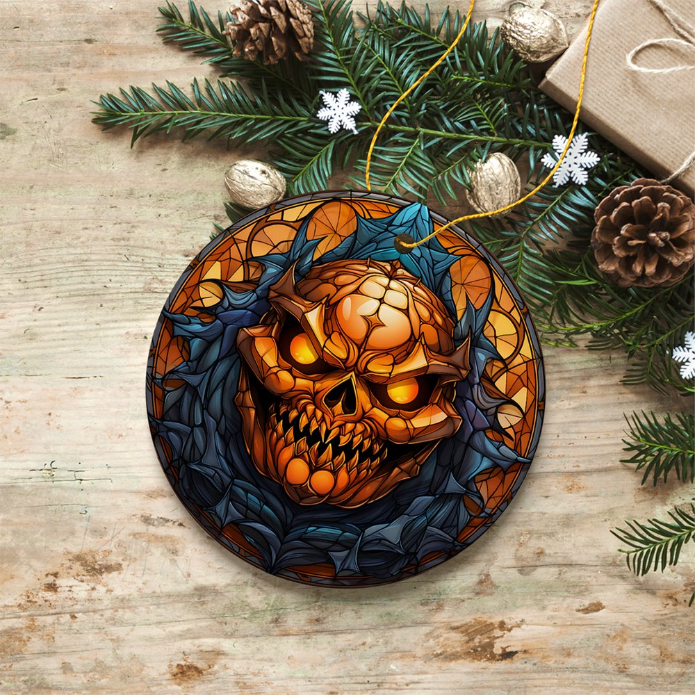 Pumpkin Skull with Glowing Red Eyes Stained Glass Style Ceramic Ornament, Halloween Themed Christmas Gift and Decor Ceramic Ornament OrnamentallyYou