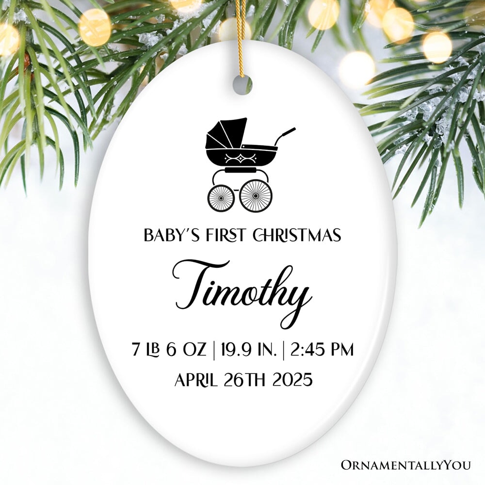 Fully Detailed Baby’s First Christmas Personalized Ornament with Weight and Birth Year Ceramic Ornament OrnamentallyYou Oval