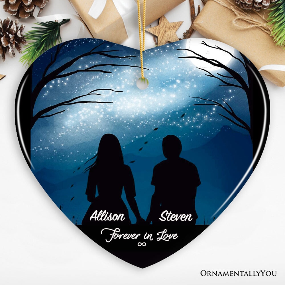 Forever in Love Personalized Silhouette Couple Ornament, Night Sky Stars and Moon Ceramic Ornament OrnamentallyYou Heart