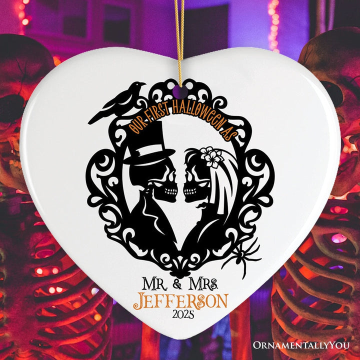 Gothic First Halloween Married Custom Ornament, Skeleton Couple Wedding Personalized Gift Ceramic Ornament OrnamentallyYou Heart