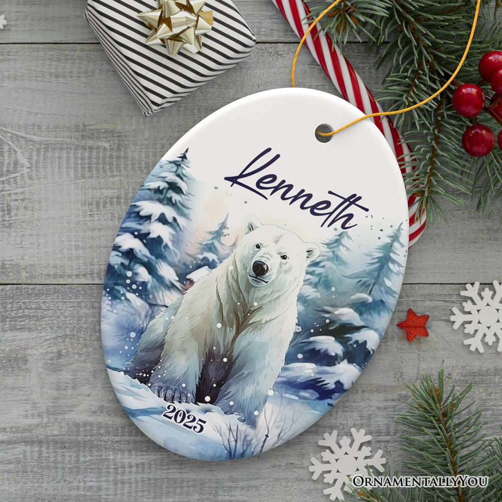 Polar Bear Personalized Ornament, Splendid Frozen Dreams Christmas Gift With Custom Name and Date Ceramic Ornament OrnamentallyYou Oval