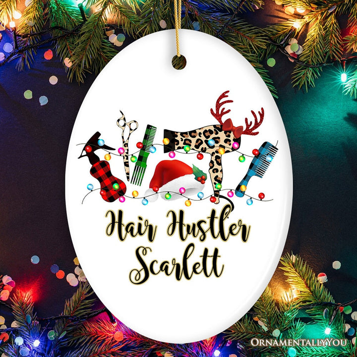 Personalized Hair Stylist Buffalo Plaid Leopard Merry Christmas Ornament, Hair Hustler Gift Ceramic Ornament OrnamentallyYou Oval