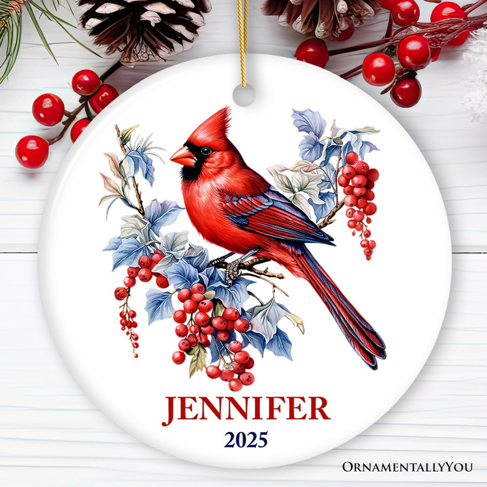Personalized Cardinal Ornament, Winter Wonderland Christmas Gift With Custom Name and Date Ceramic Ornament OrnamentallyYou Circle