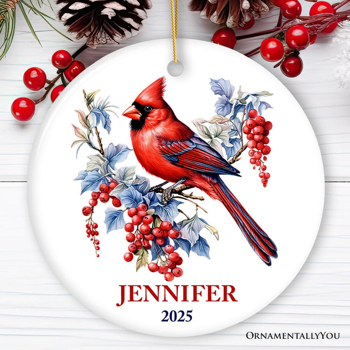 Personalized Cardinal Ornament, Winter Wonderland Christmas Gift With Custom Name and Date Ceramic Ornament OrnamentallyYou Circle