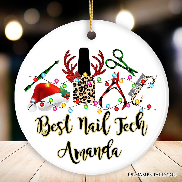 Personalized Nail Tech Buffalo Plaid Leopard Merry Christmas Ornament, Pedicure Gift Ceramic Ornament OrnamentallyYou Circle
