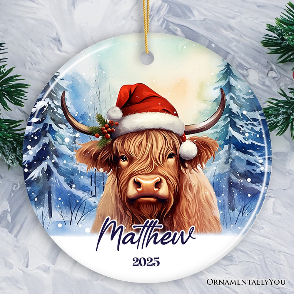 Highland Cow Personalized Ornament, Enchanted Frost Christmas Gift With Custom Name and Date Ceramic Ornament OrnamentallyYou Circle