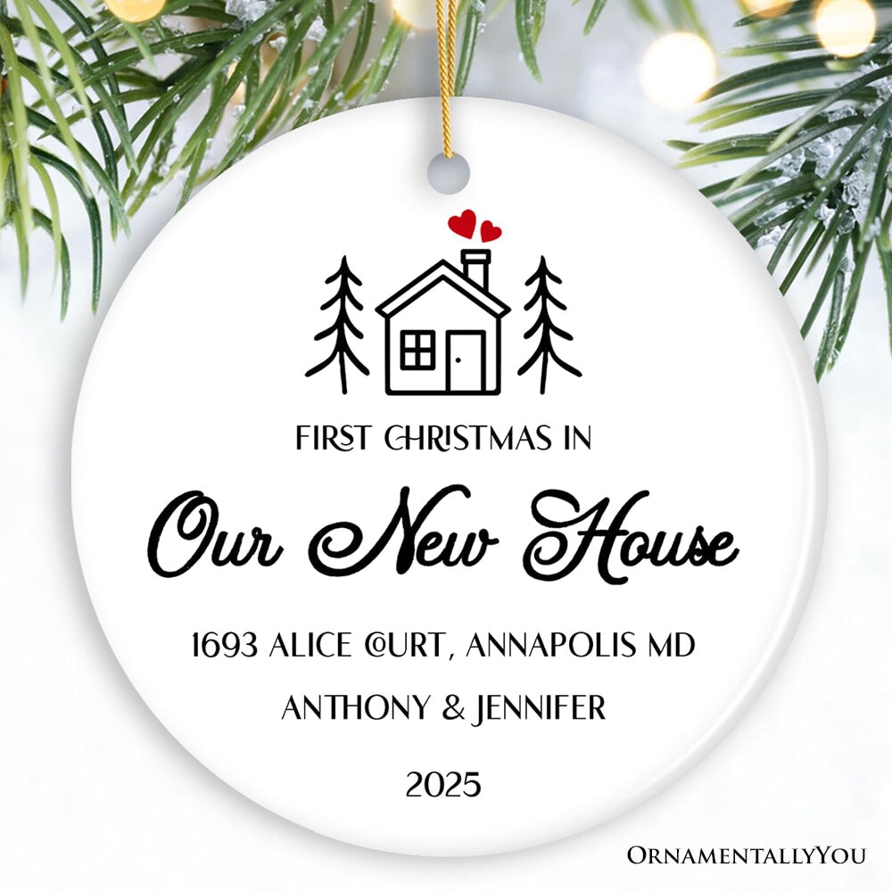 Minimalist First Christmas in Our New Home Personalized Ornament Ceramic Ornament OrnamentallyYou Circle