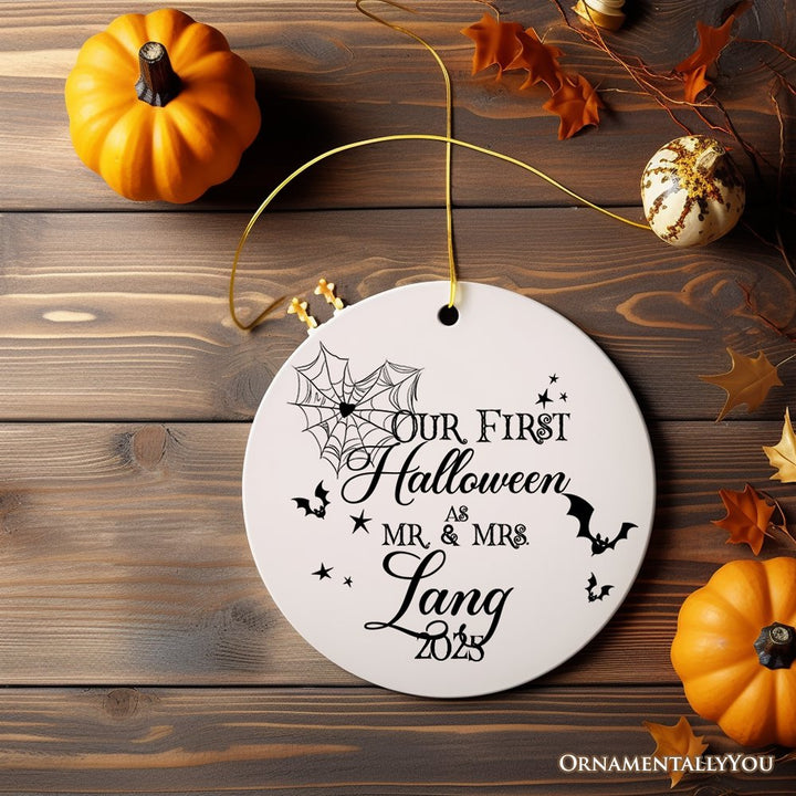 Elegant & Minimalist First Halloween Married Custom Ornament, Spooky Keepsake Couples Gift Ceramic Ornament OrnamentallyYou Circle