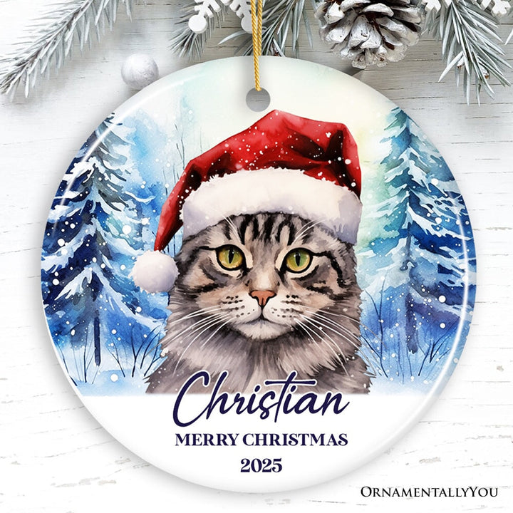 Tabby Cat with Santa Hat Personalized Ornament, Winter Forest Christmas Gift With Custom Name and Date Ceramic Ornament OrnamentallyYou Circle