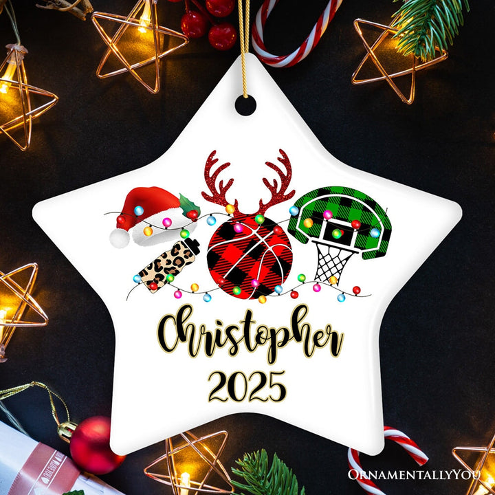 Personalized Basketball Buffalo Plaid Leopard Merry Christmas Ornament, Team and Coaches Gift Ceramic Ornament OrnamentallyYou Star