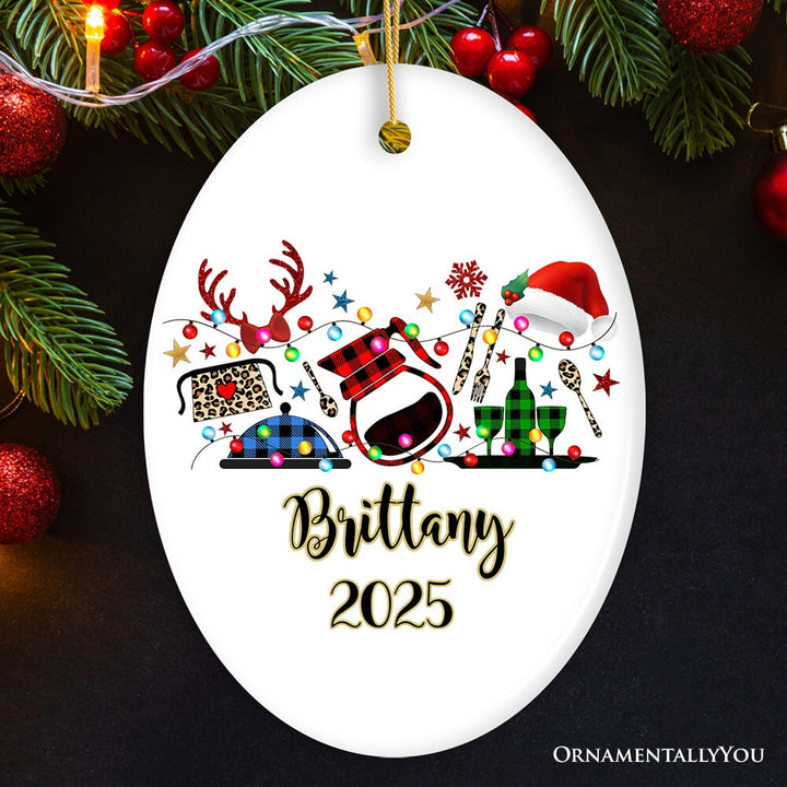Personalized Waitress Buffalo Plaid Leopard Merry Christmas Ornament Gift Ceramic Ornament OrnamentallyYou Oval