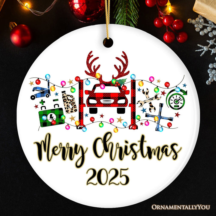 Personalized Automotive Technician Plaid Christmas Ornament, Mechanic Repair and Parts Gift for Shop Ceramic Ornament OrnamentallyYou Circle