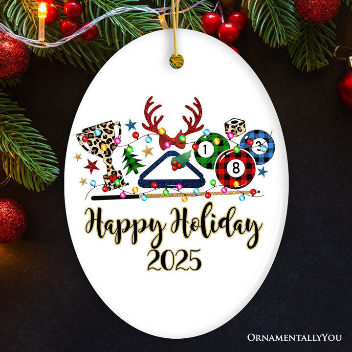 Personalized Billiards Buffalo Plaid Christmas Ornament, Pool Balls Snooker Gift Ceramic Ornament OrnamentallyYou Oval
