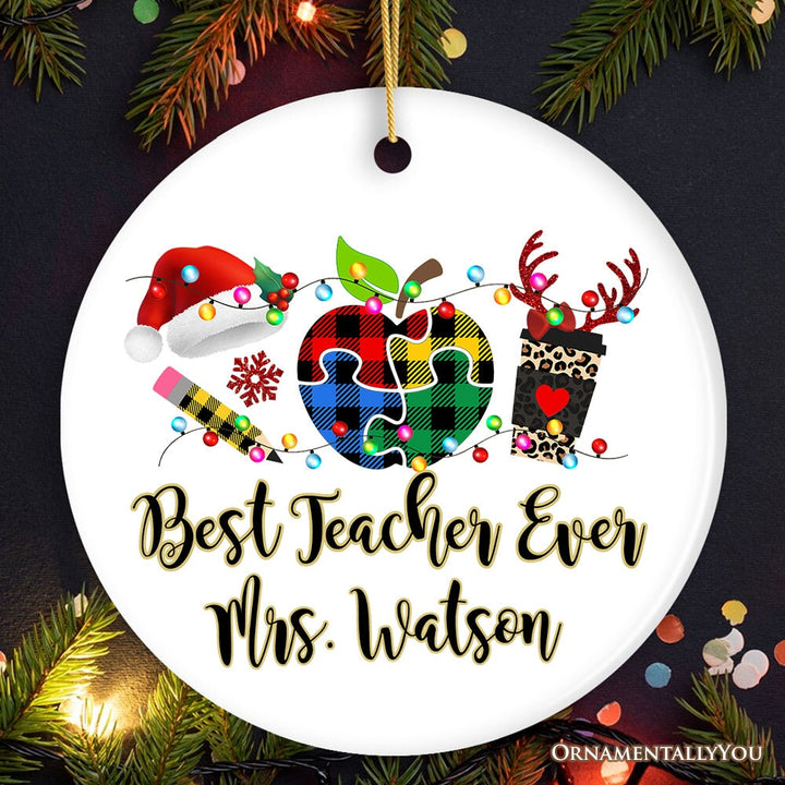 Personalized Autism Teacher Buffalo Plaid Leopard Merry Christmas Ornament, Thank You Gift Ceramic Ornament OrnamentallyYou Circle