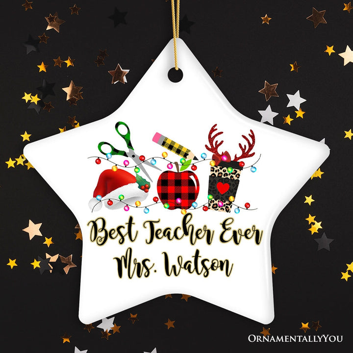 Personalized Plaid Teacher Merry Christmas Ornament, Holiday School Xmas Gift Ceramic Ornament OrnamentallyYou Star