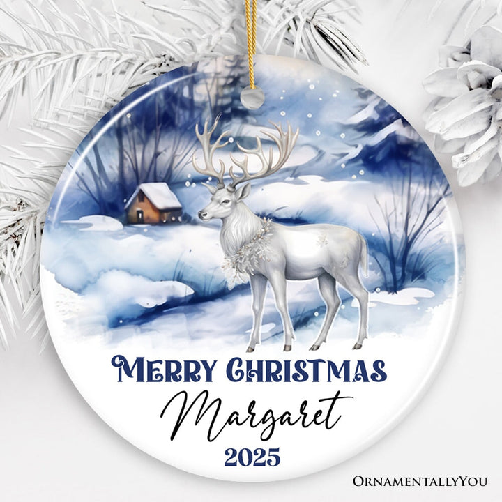 Winter Wonderland White Deer Personalized Ornament, Majestic Christmas Gift Ceramic Ornament OrnamentallyYou Circle