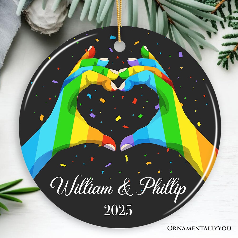 LGBT Personalized Lover’s Heart Hands Ornament, Custom Gay Couples Gift Ceramic Ornament OrnamentallyYou Circle