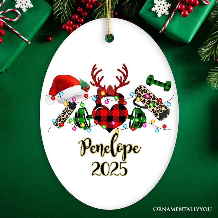 Personalized Gym Buffalo Plaid Leopard Merry Christmas Ornament, Personal Trainer Gift Ceramic Ornament OrnamentallyYou Oval