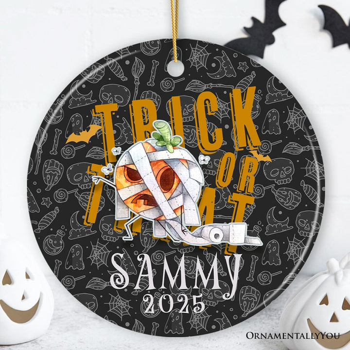 Trick or Treat Spooky Cute Kids Custom Ornament, Halloween Ghost and Pumpkin Children’s Gift Ceramic Ornament OrnamentallyYou Circle