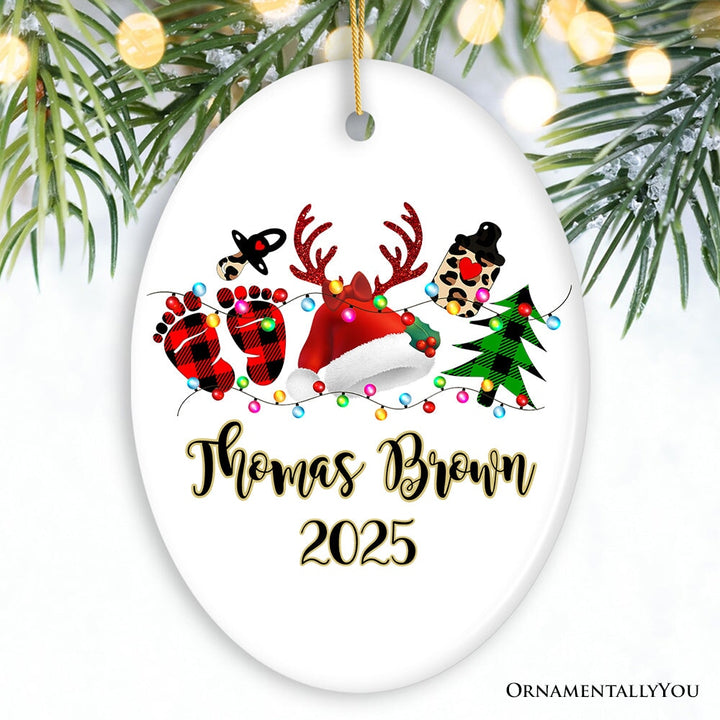 Personalized Baby Christmas Buffalo Plaid Leopard Ornament Gift Ceramic Ornament OrnamentallyYou Oval