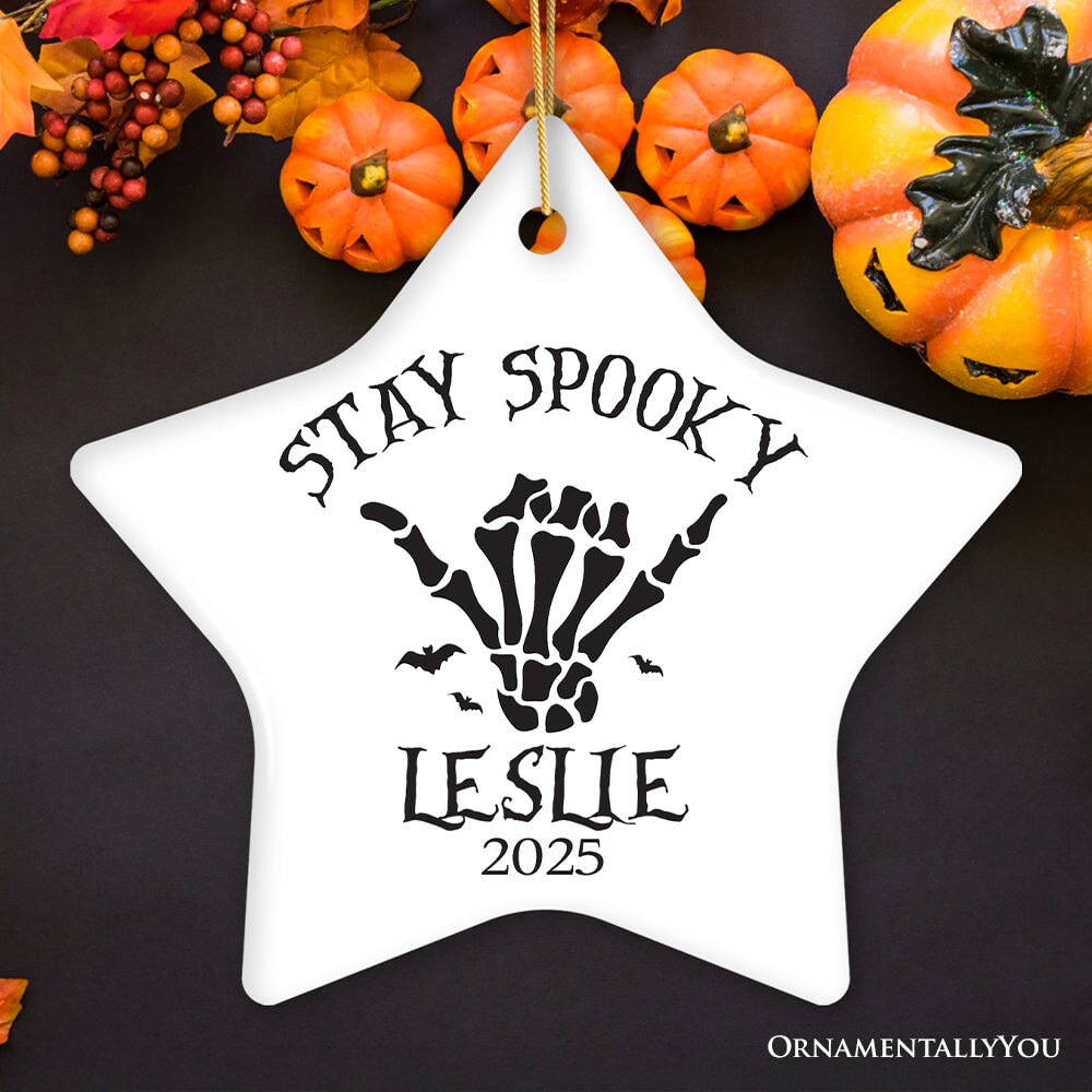 Cool Skeleton Stay Spooky Personalized Ornament, Surfer Halloween Themed Custom Gift Ceramic Ornament OrnamentallyYou Star