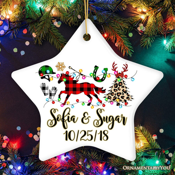 Personalized Horse Buffalo Plaid Leopard Merry Christmas Ornament, Equestrian Gift Ceramic Ornament OrnamentallyYou Star