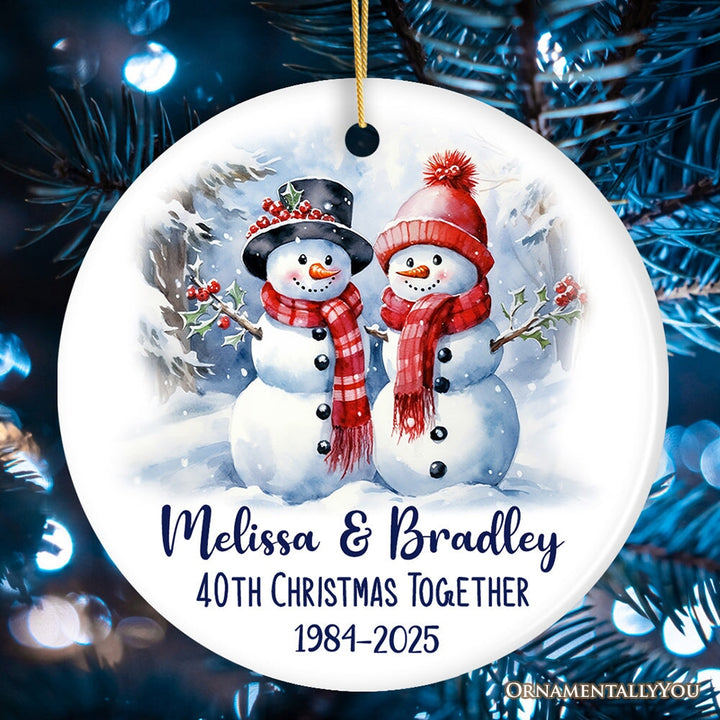 Snowy Married Couple, Watercolor Snowman Anniversary Personalized Ornament Gift Ceramic Ornament OrnamentallyYou Circle