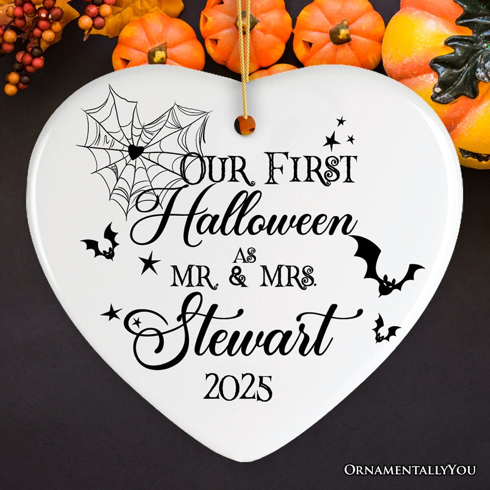 Elegant & Minimalist First Halloween Married Custom Ornament, Spooky Keepsake Couples Gift Ceramic Ornament OrnamentallyYou Heart