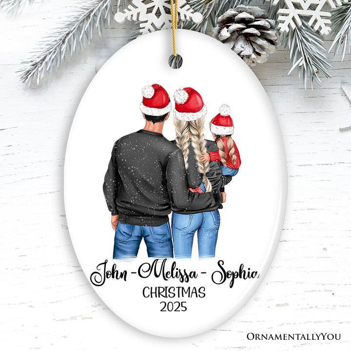 New Family of Three Personalized Keepsake Christmas Ornament, Mom, Dad and Baby Ceramic Ornament OrnamentallyYou Oval