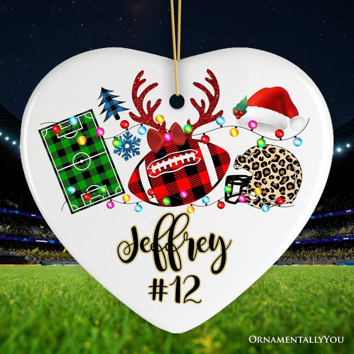 Personalized Football Buffalo Plaid Leopard Merry Christmas Ornament, Team and Coaches Gift Ceramic Ornament OrnamentallyYou Heart