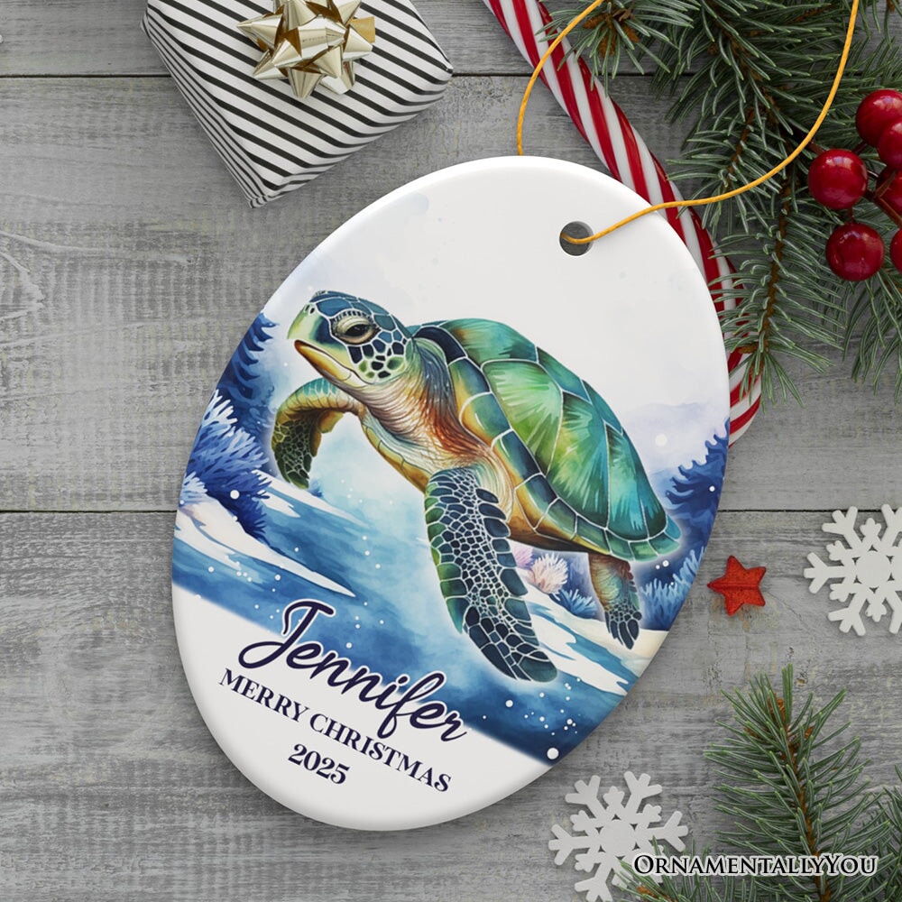 Green Turtle Personalized Ornament, Festive Christmas Gift With Custom Name and Date Ceramic Ornament OrnamentallyYou Oval