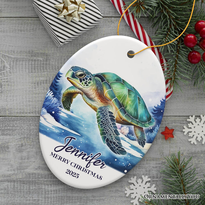 Green Turtle Personalized Ornament, Festive Christmas Gift With Custom Name and Date Ceramic Ornament OrnamentallyYou Oval