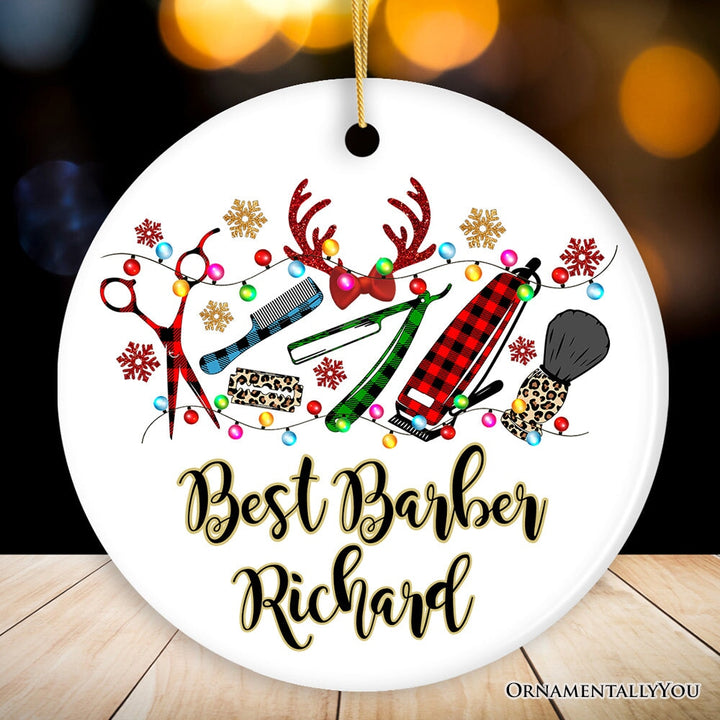 Personalized Barber Buffalo Plaid Leopard Merry Christmas Ornament, Barbershop Gift Ceramic Ornament OrnamentallyYou Circle