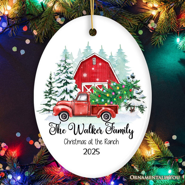 First Christmas on The Farm Personalized Ornament, Red Truck Housewarming Family Gift Ceramic Ornament OrnamentallyYou Oval