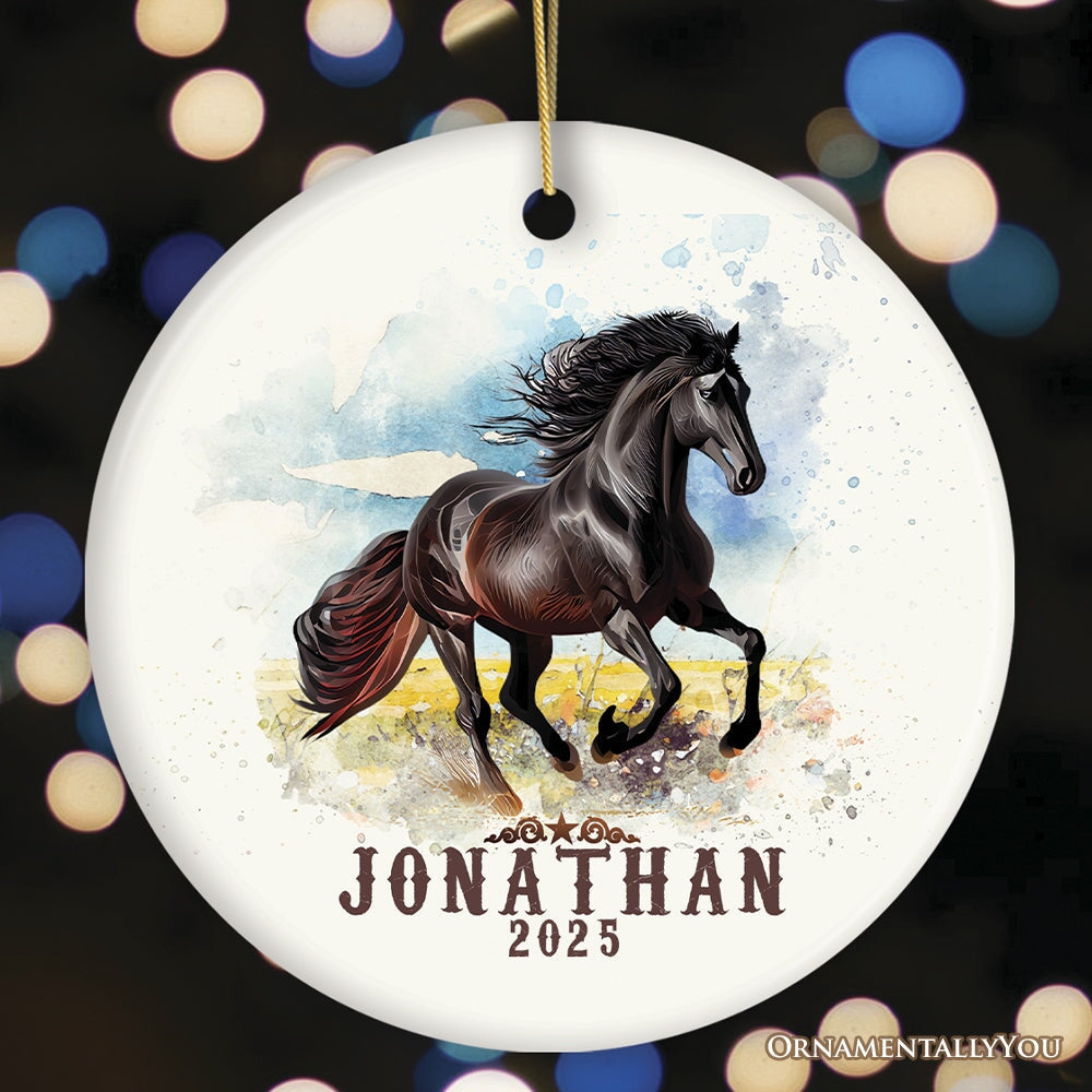 Vintage Western Style Horse Customized Ornament, Equestrian Christmas Gift with Personalized Name Ceramic Ornament OrnamentallyYou Circle