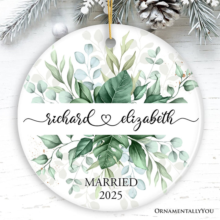 Elegant Personalized Wedding Ornament, Married or Engaged Couple Gift Ceramic Ornament OrnamentallyYou Circle