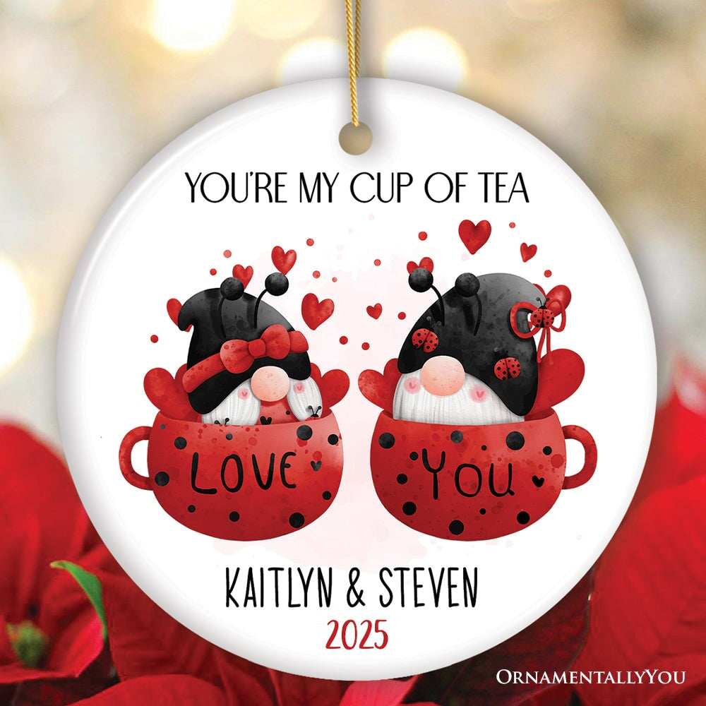 Valentine Gnome Personalized Ornament, You're my Cup of Tea, Custom Name Gift Ceramic Ornament OrnamentallyYou Circle