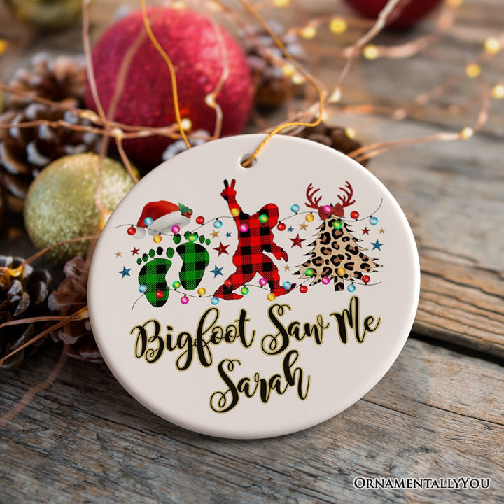 Personalized Bigfoot Buffalo Plaid Christmas Ornament, Sasquatch Holiday Decoration Ceramic Ornament OrnamentallyYou Circle